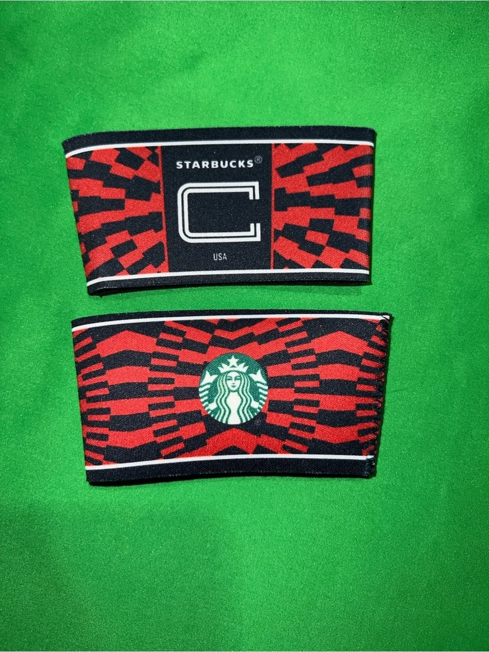 (2) Starbucks USA C Red Geometric Reusable Cup Sleeves MLS FIFA SOCCER FOOTBALL